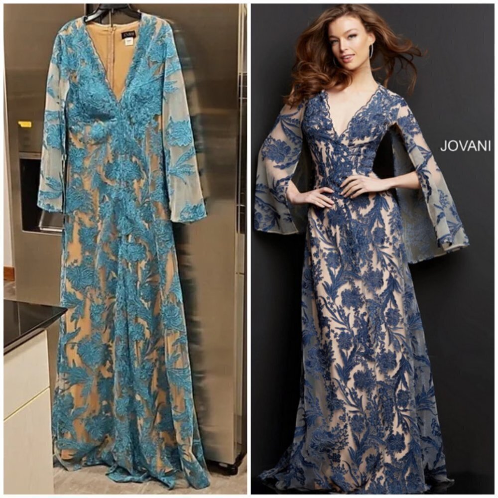 💕JOVANI💕 Embroidered Lace Cape Sleeve Formal Gown Dress Emerald 12 NWT 00752